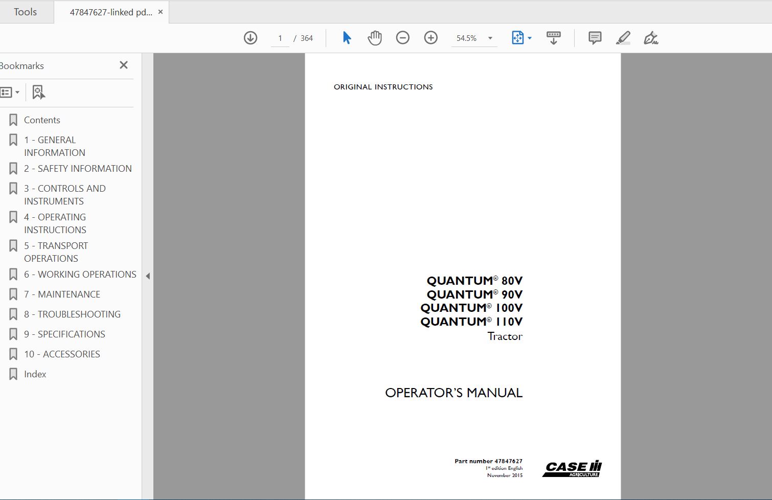 Case IH Tractor QUANTUM 80V90100110 Operators Manual47847627 1