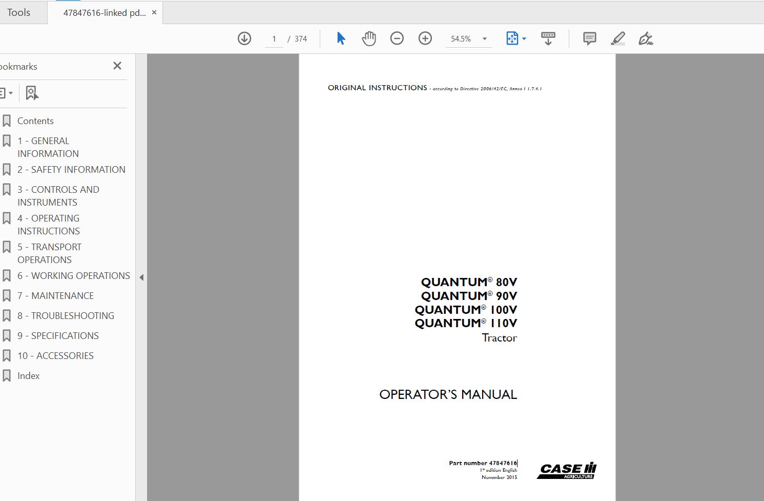 Case IH Tractor QUANTUM 80V90V100V110V Operators Manual47847616 1