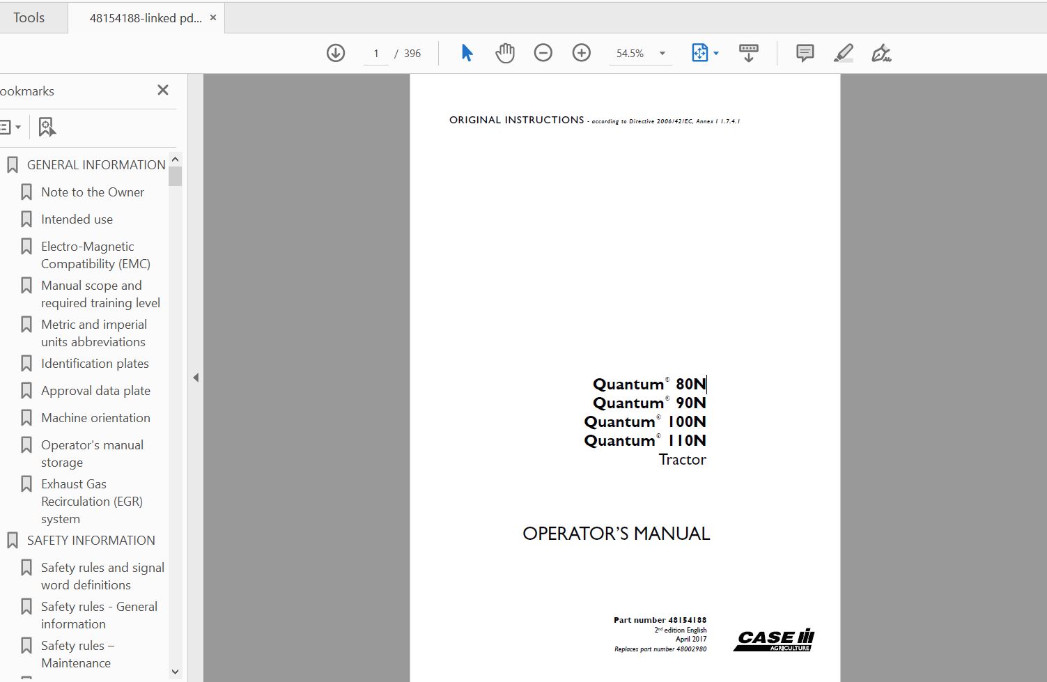 Case IH Tractor Quantum 80N90N100N110N Operators Manual48154188 1