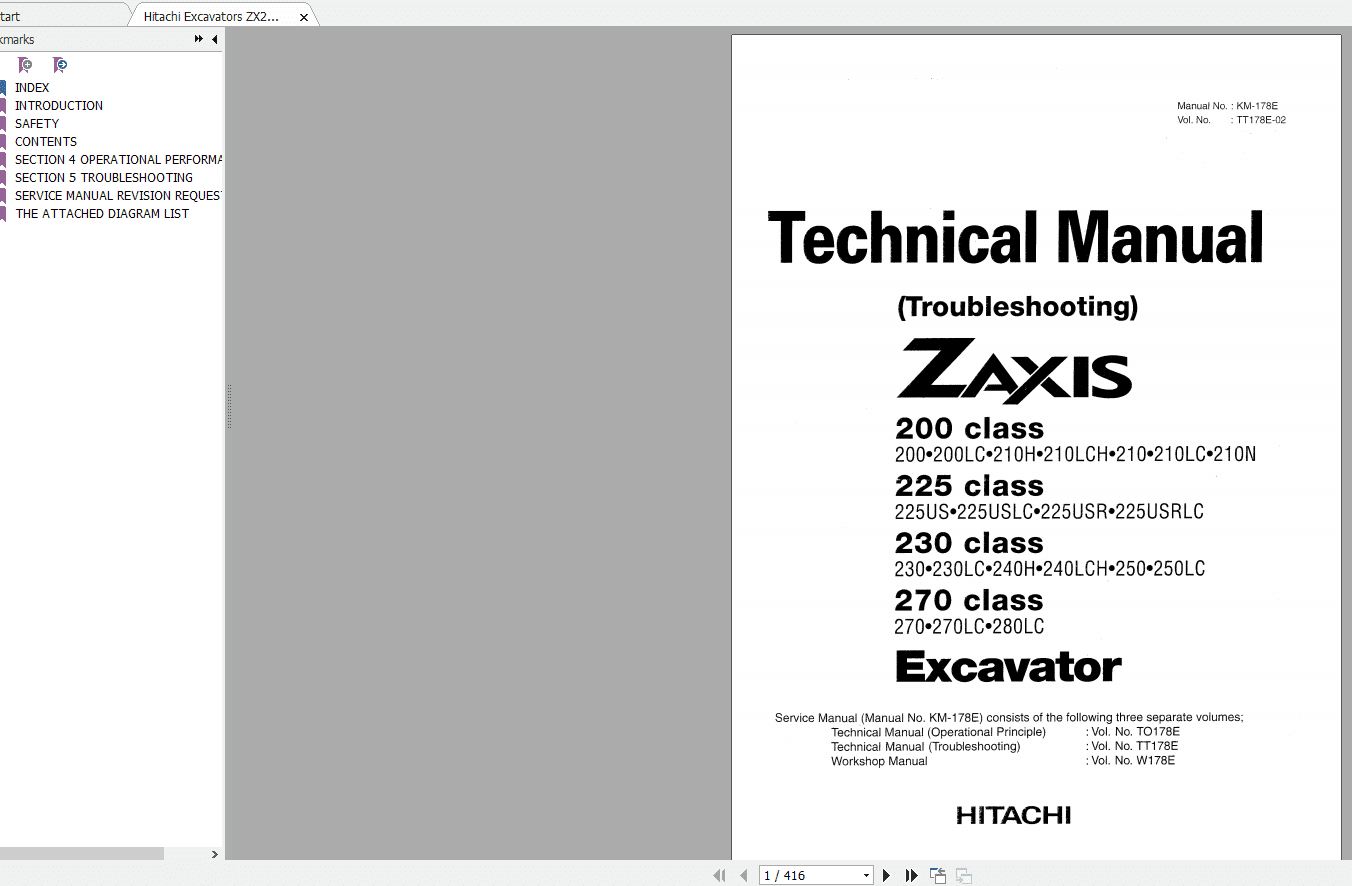 Hitachi Excavators ZX200ZX225ZX230ZX270 TT178E 02 Class Technical ManualTroubleshooting 4