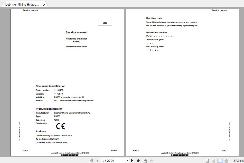 Liebhher Mining Hydraulic Excavator R9800Type 1282 SN 18181 Service Manual 1