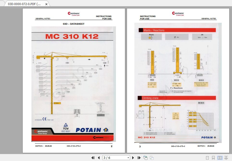 Manitowoc Potain Tower Crane MC 310 K12 Full Manuals 1