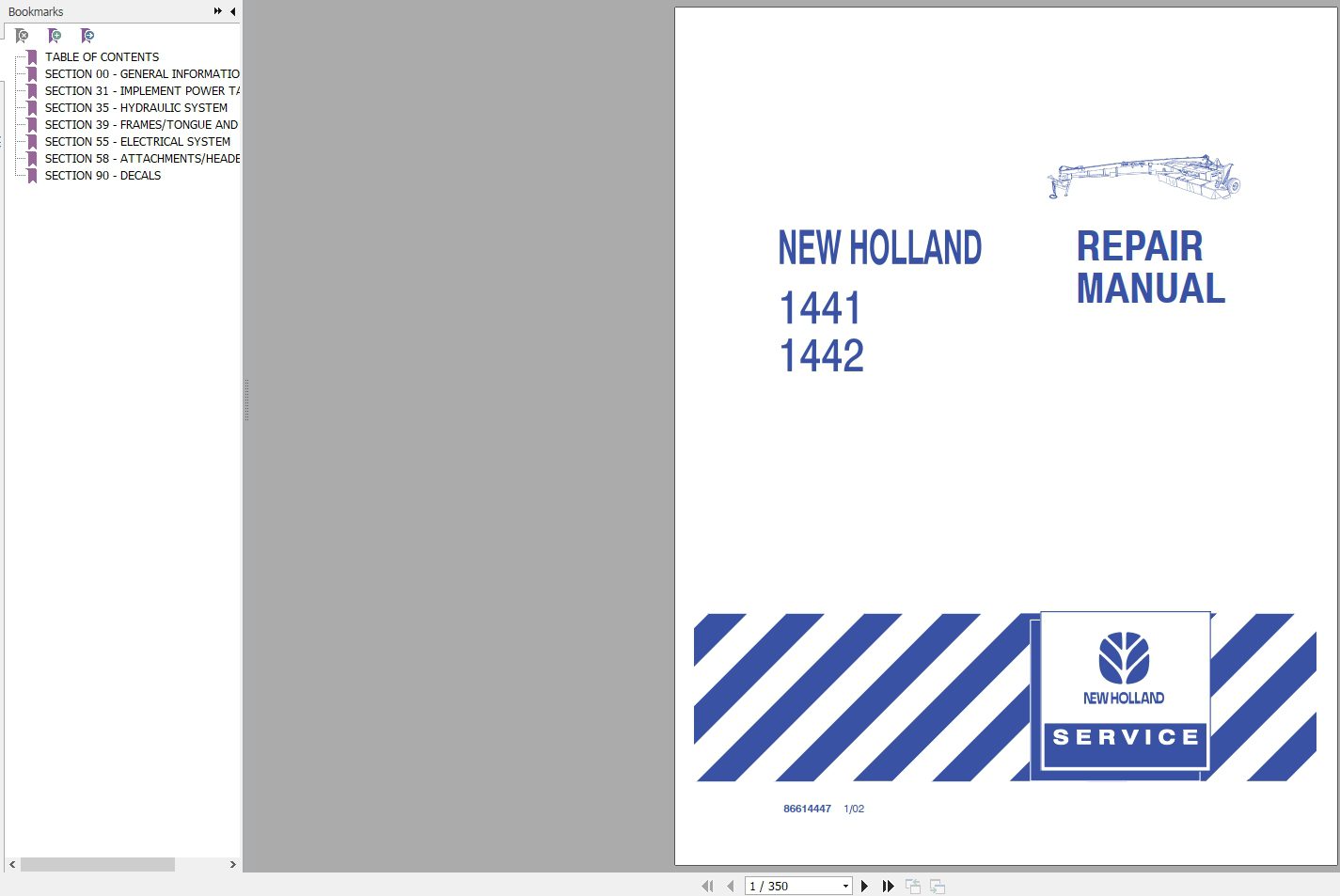 New Holland 1441 1442 Disc Mower conditioner Repair Manual86614447 1