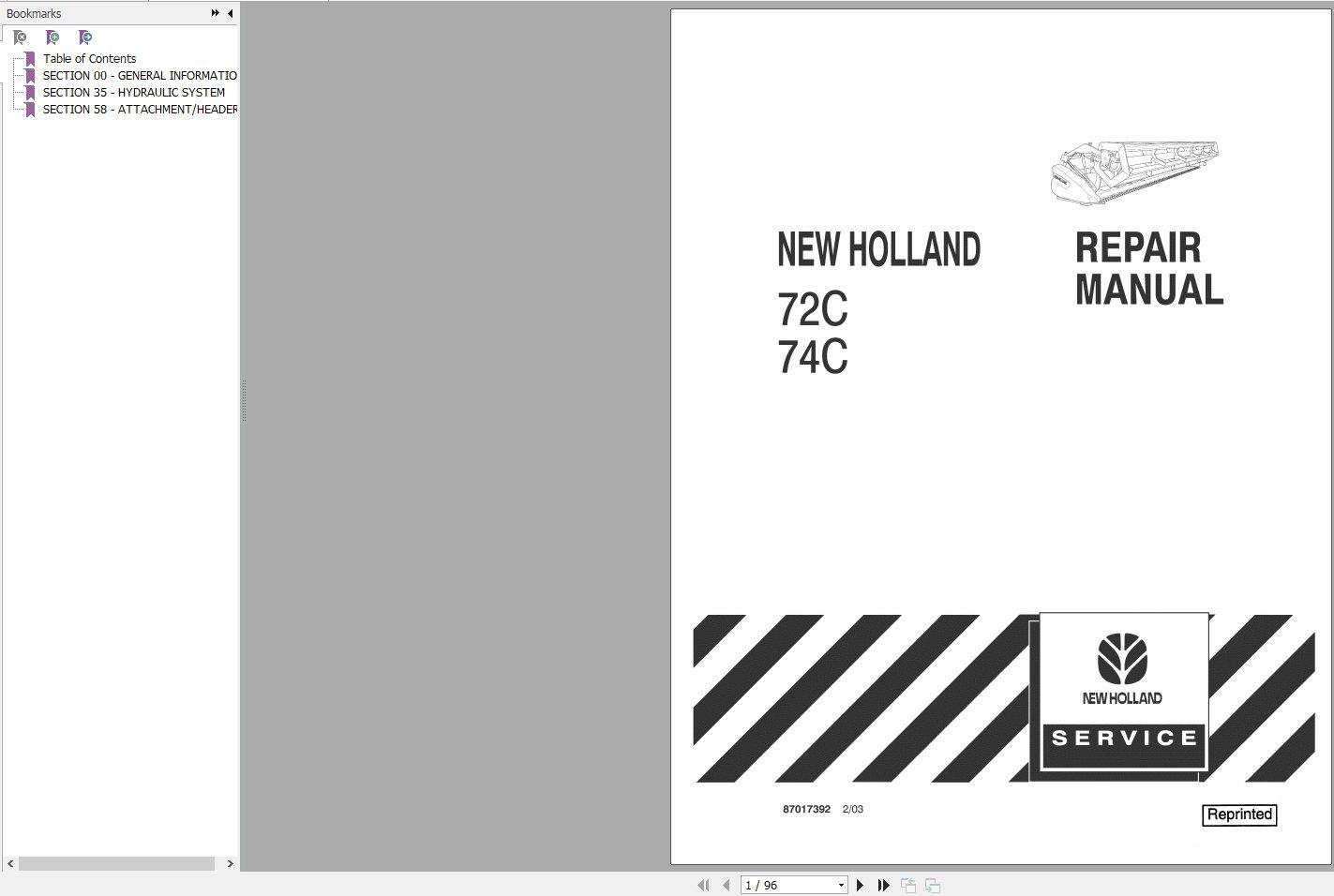New Holland 72C 74C Grain Head Repair Manual87017392 1