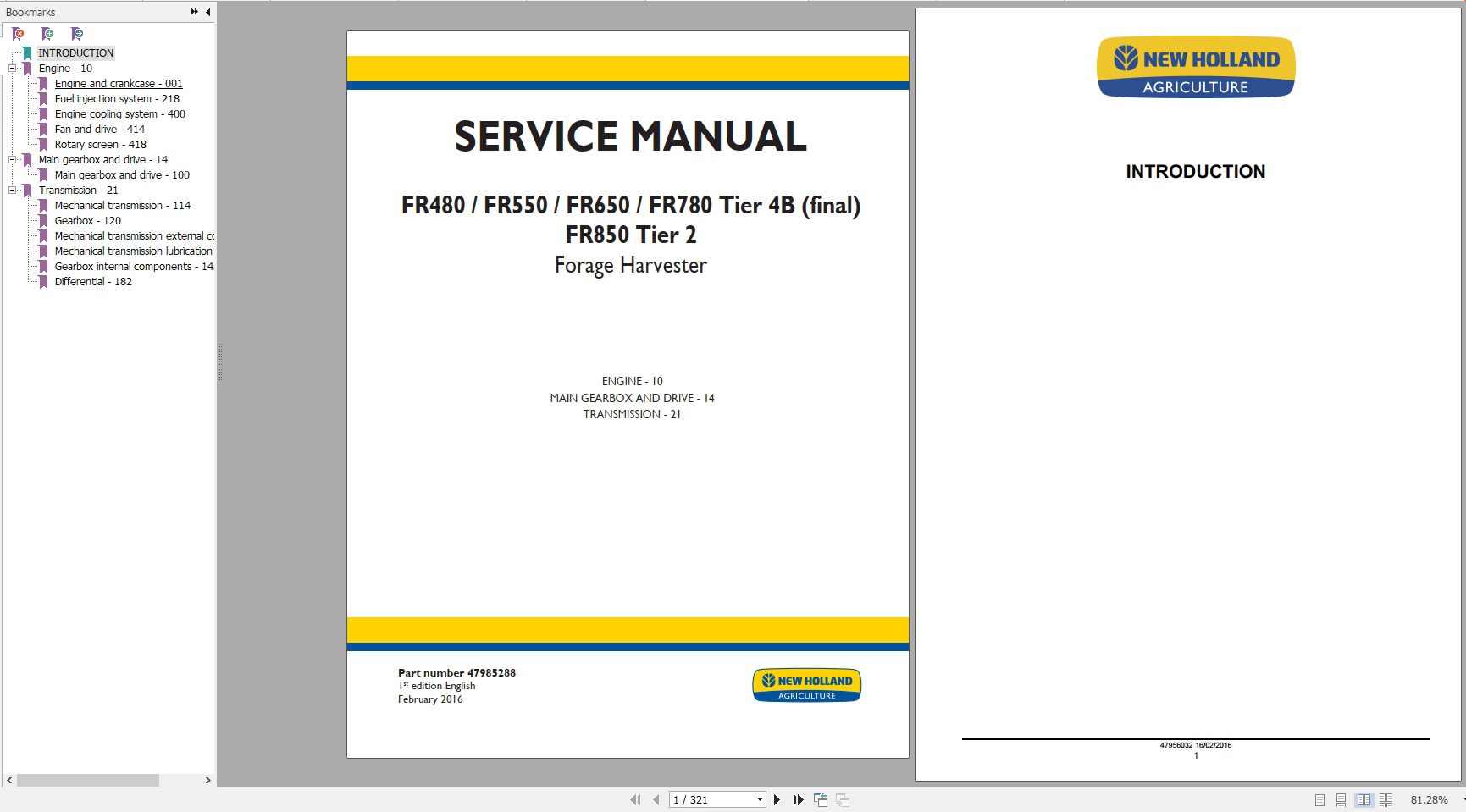 New Holland Forage Harvester FR480FR550FR650FR780FR850 Service Manual 1