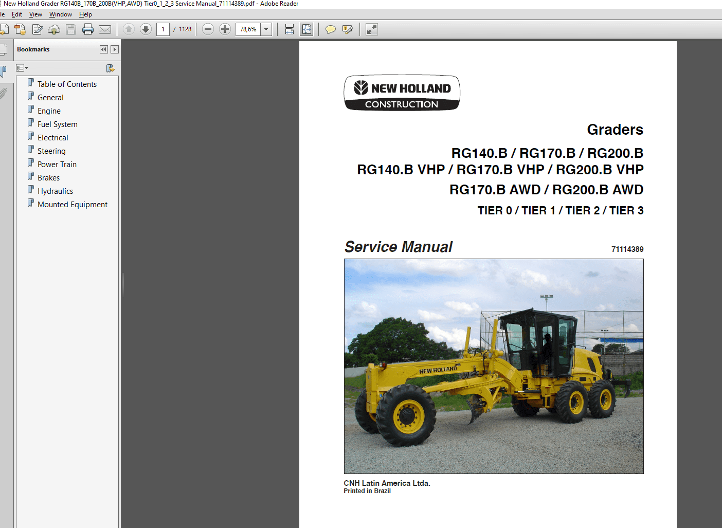 New Holland Grader RG140B170B200BVHPAWD Tier0123 Service Manual71114389 1