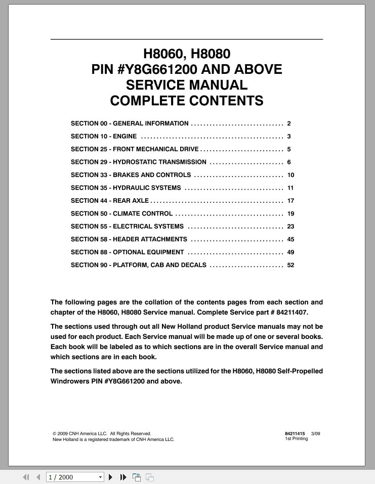 New Holland H8060 H8080 Windrower Service Manual 84211407 1