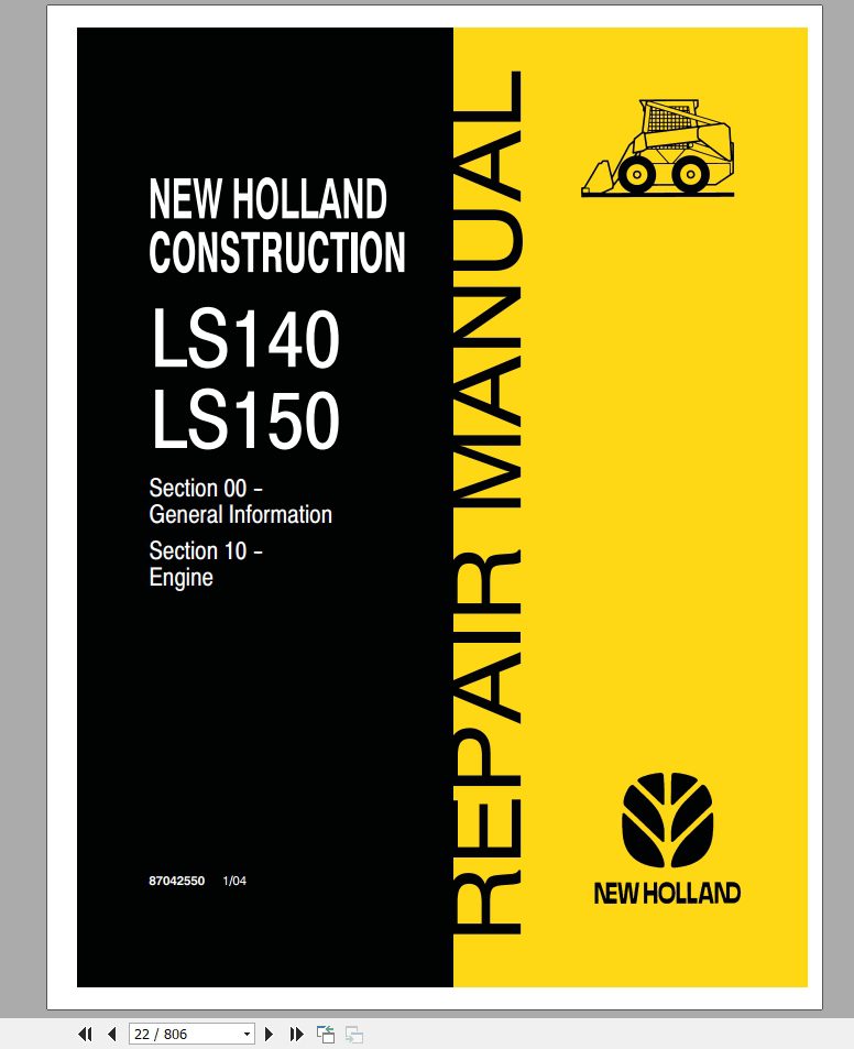 New Holland Skid Steer LS140 LS150 Repair Manual87036977 2