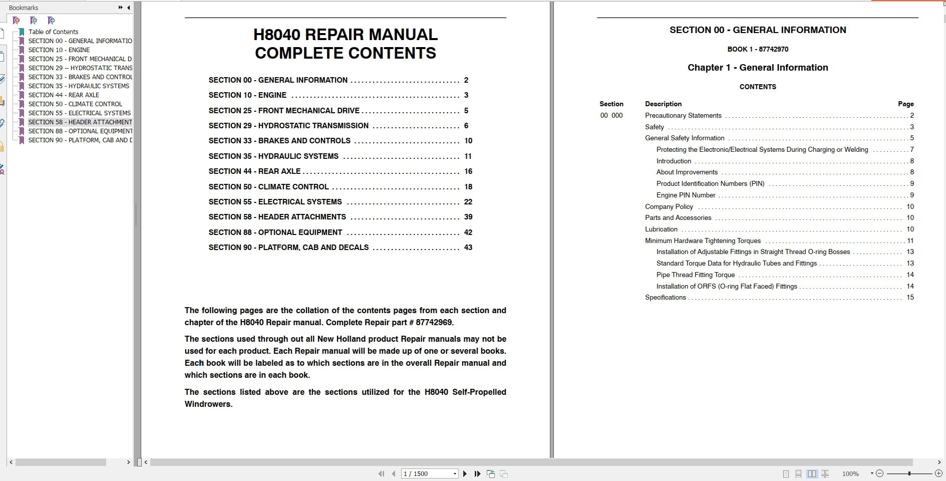 New Holland Tractor H8040 Windrower Repair Manual 1