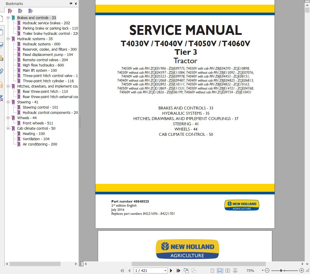 New Holland Tractor T4030VT4040VT4050VT4060V Service Manual 1