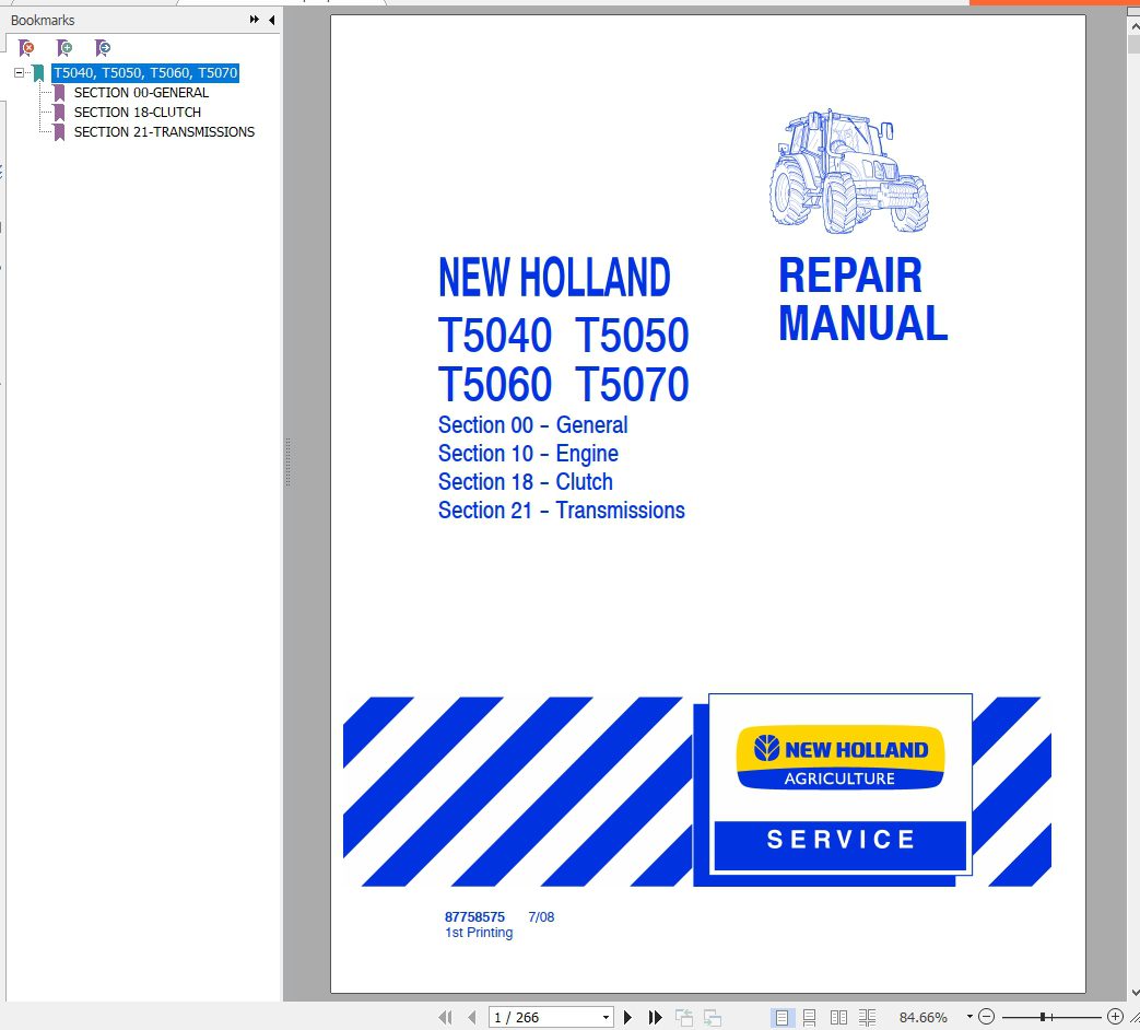 New Holland Tractor T5040 T5050 T5060 T6070 Repair Manual 1