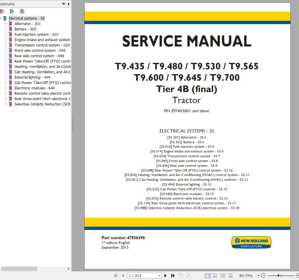 New Holland Tractor T9 435 T9 480 T9 530 T9 565 T9 600 T9 645 T9 700 Tier 3 Service Manual 1