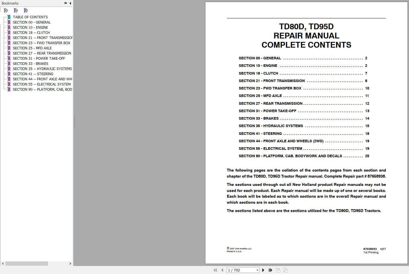 New Holland Tractor TD80D TD95D Repair Manual87658943 1