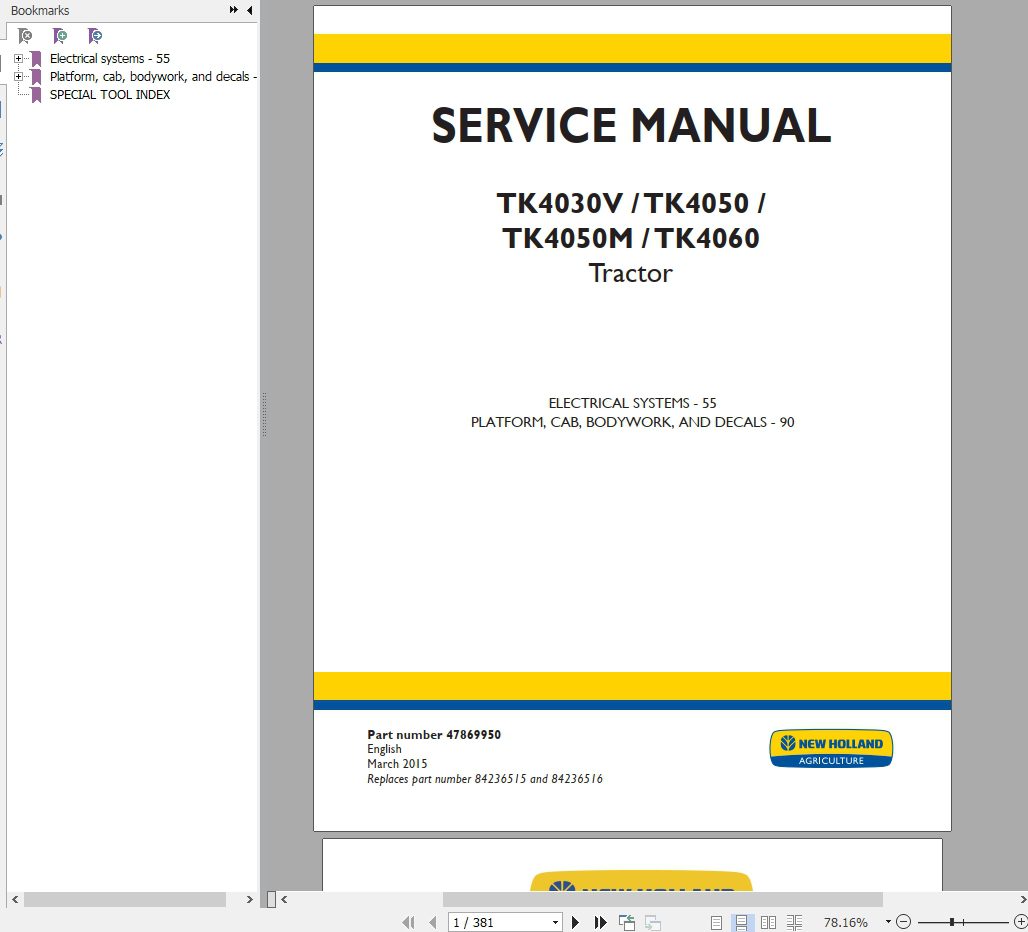 New Holland Tractor TK4030VTK4050TK4050MTK4060 Repair Manual 2