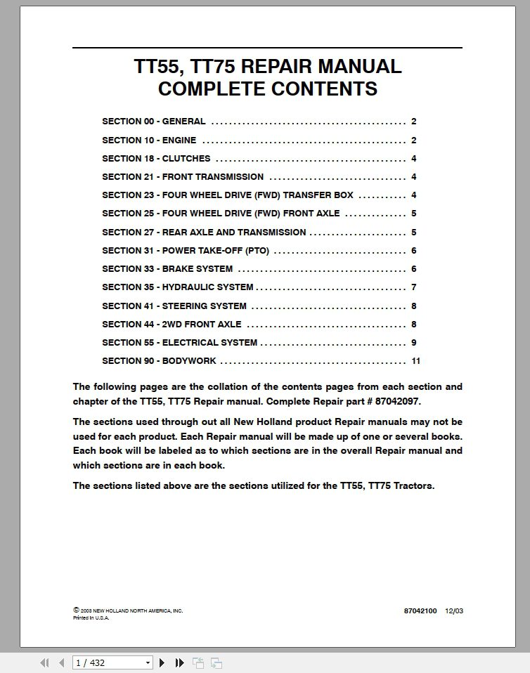 New Holland Tractor TT55 TT75 Repair Manual87042097 2