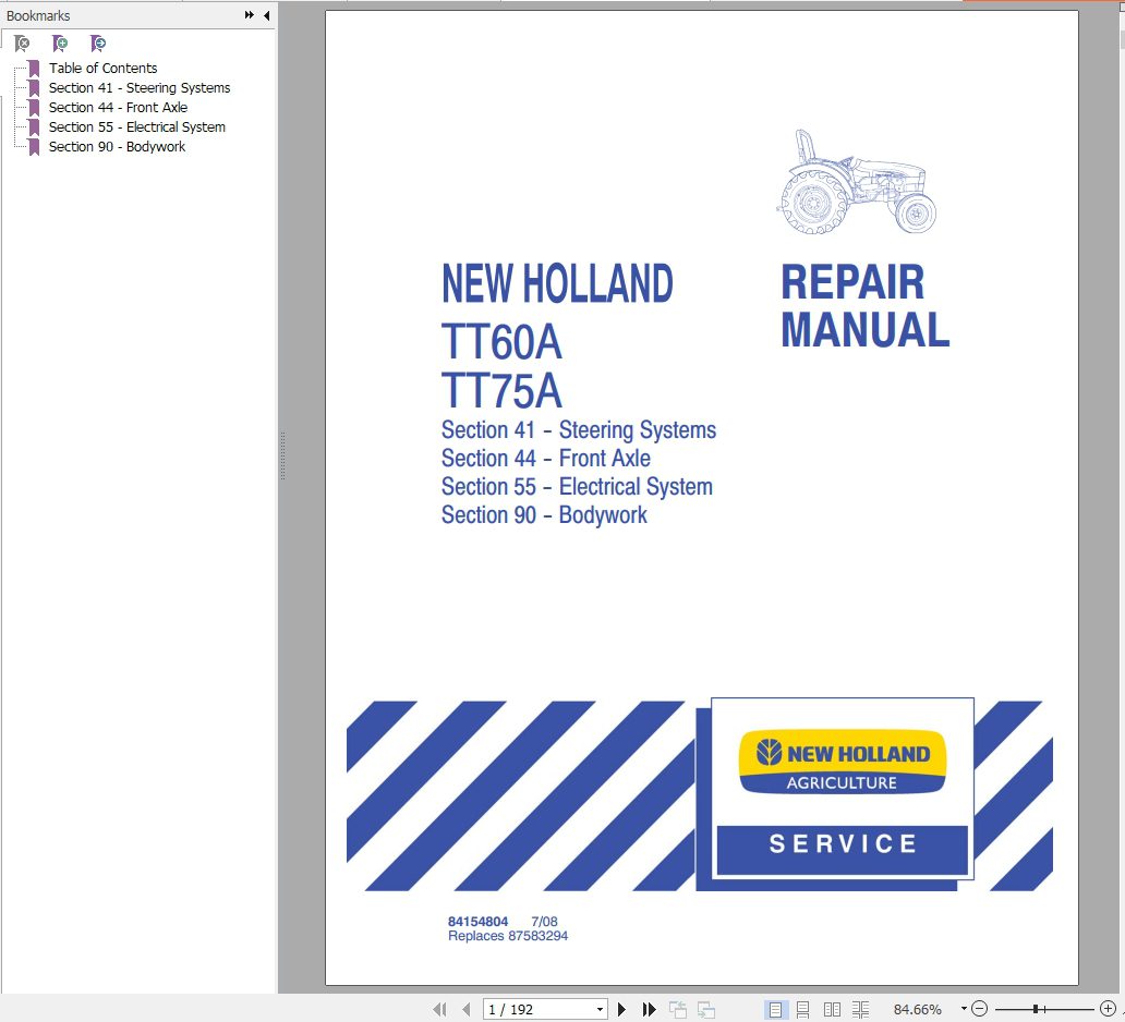 New Holland Tractor TT60A TT75A Repair Manual 1