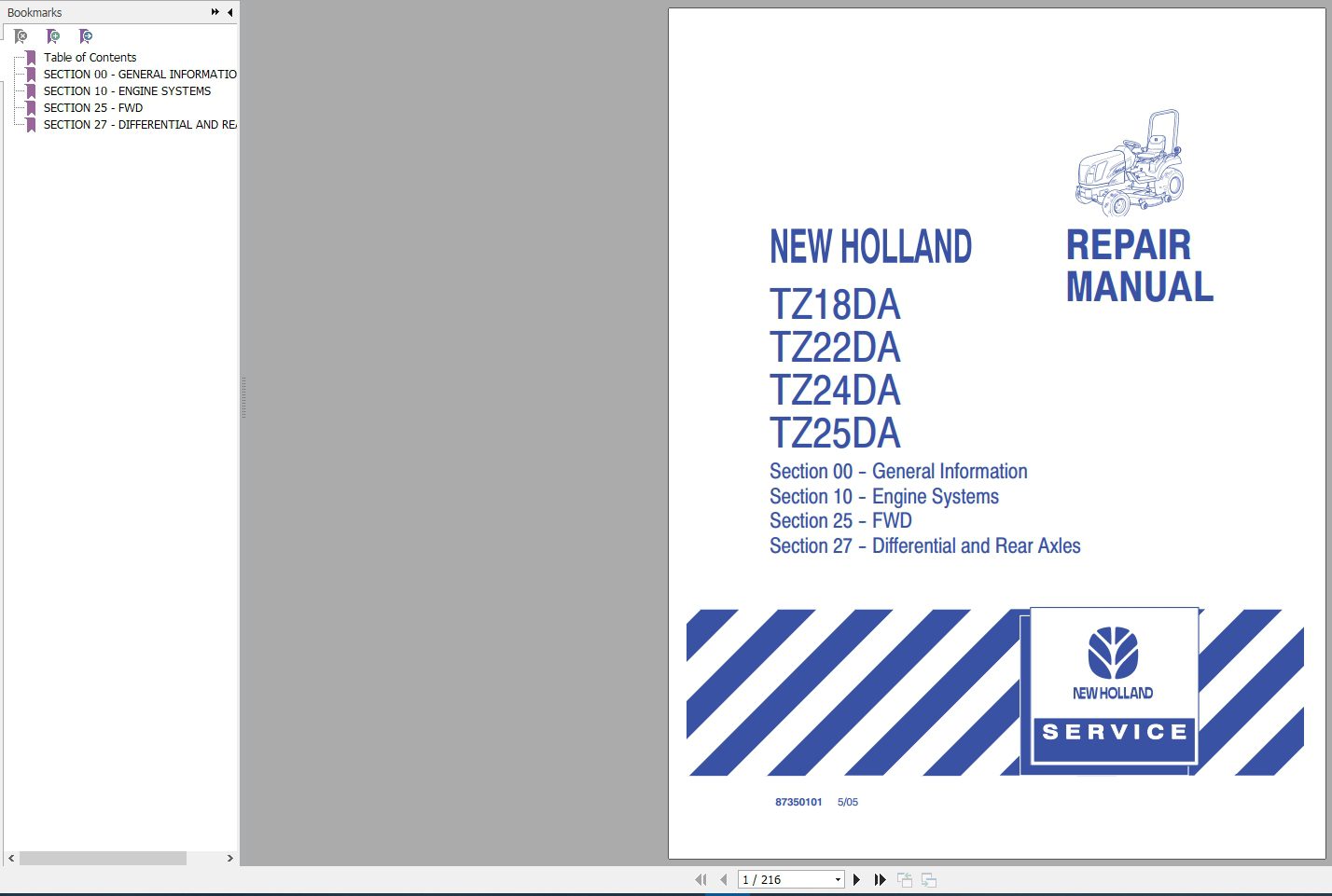 New Holland Tractor TZ18DATZ22DATZ24DATZ25DA Repair Manual 1