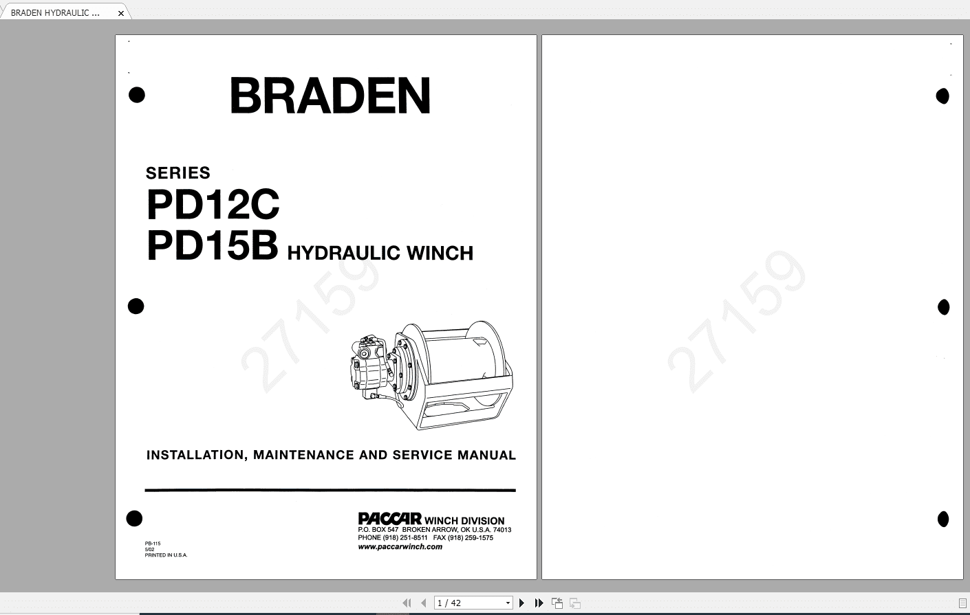 BRADEN HYDRAULIC WINCH Series PD12C PD15B Maintenance Service Manual