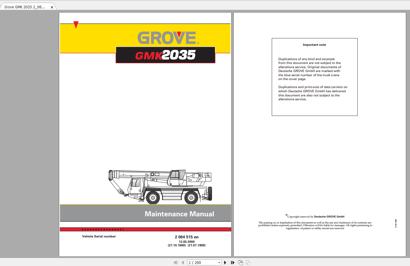 Grove Mobile Crane GMK 2035 Operating Maintenance Manual 1