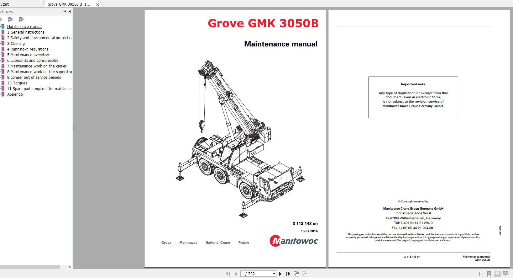 Grove Mobile Crane GMK 3050B Operating & Maintenance Manual