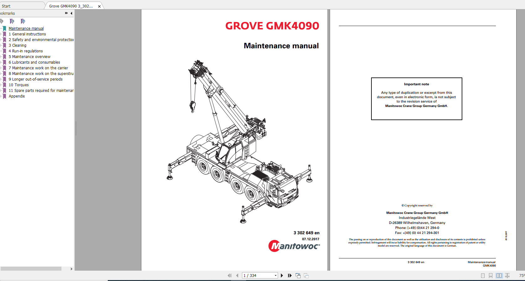 Grove Mobile Crane GMK 4090 Operating Maintenance Manual 1