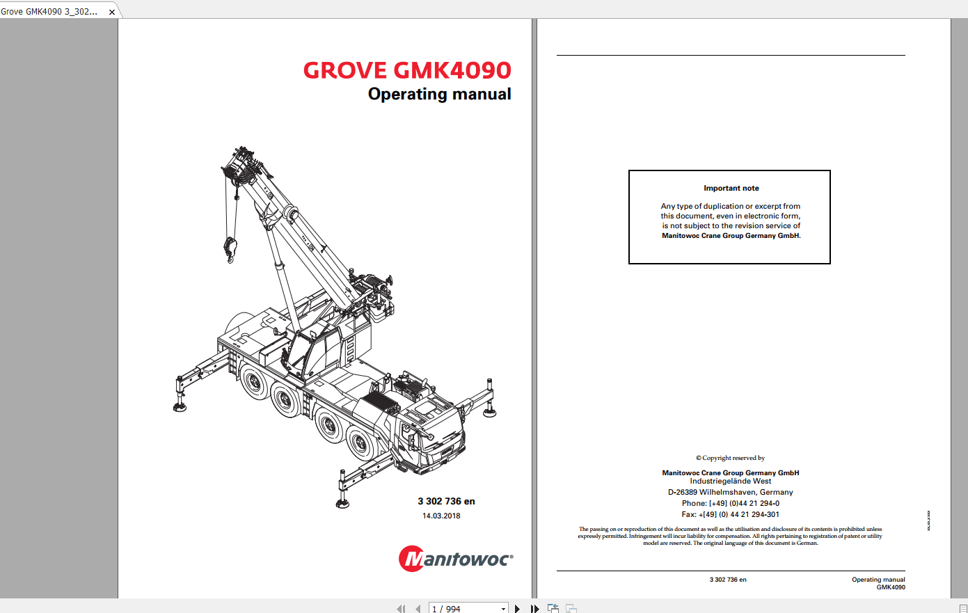 Grove Mobile Crane GMK 4090 Operating Maintenance Manual 2