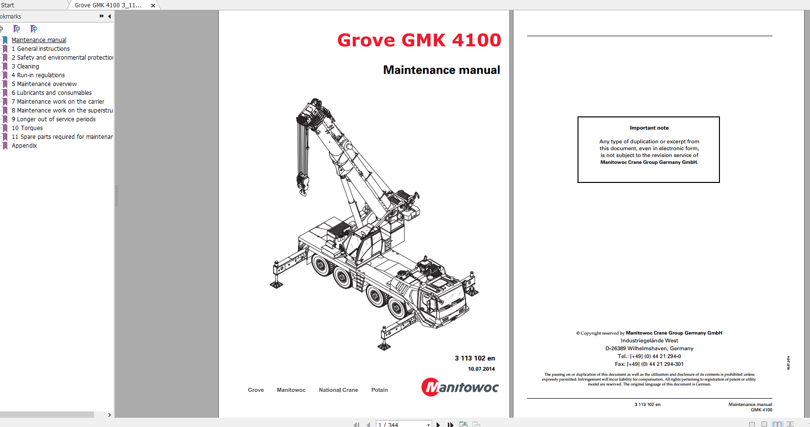Grove Mobile Crane GMK 4100 Operating Maintenance Manual 2