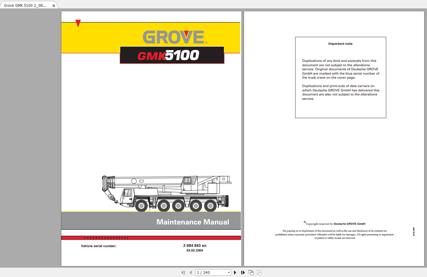 Grove Mobile Crane GMK 5100 Operating Maintenance Manual