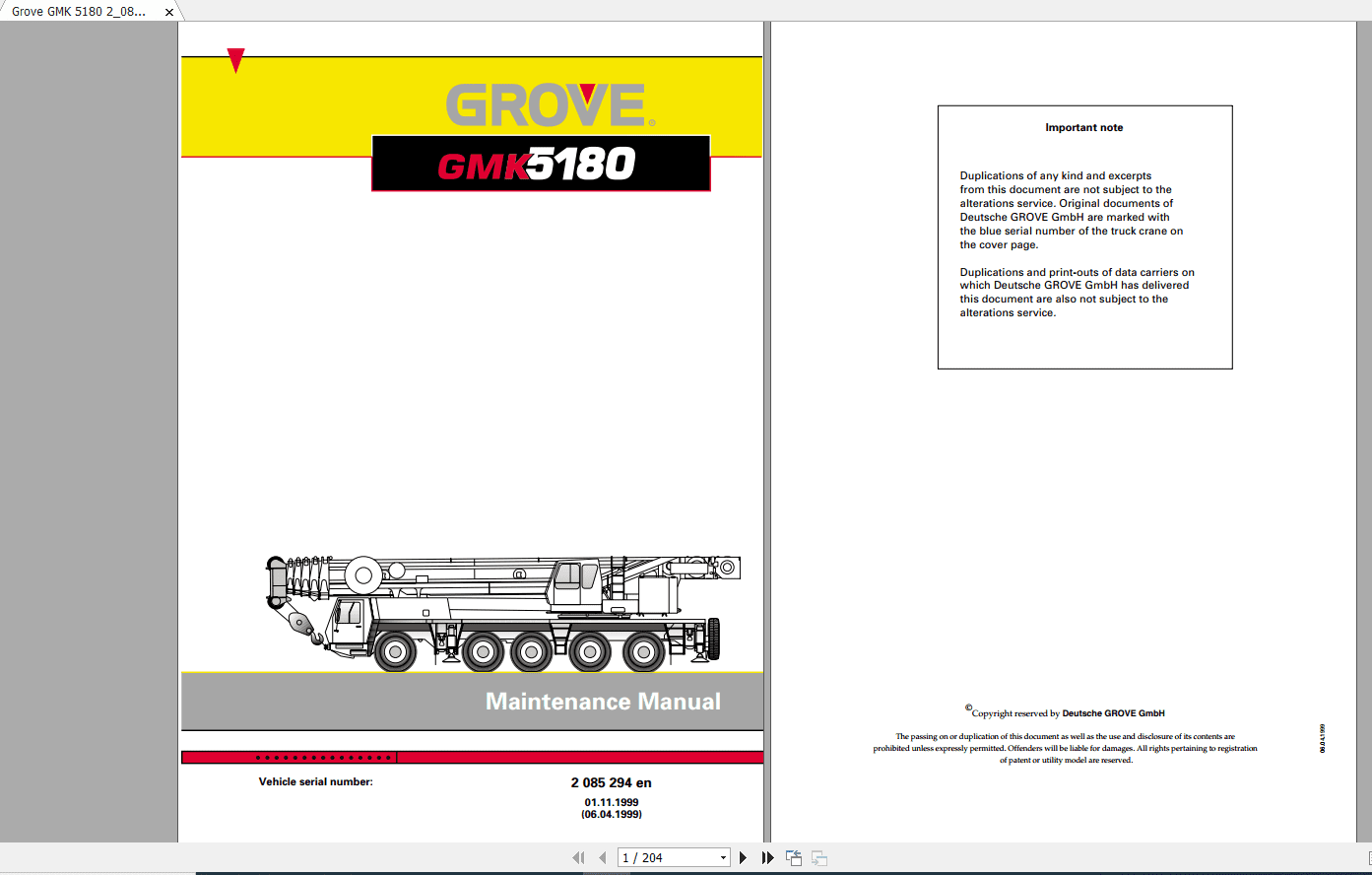 Grove Mobile Crane GMK 5180 Operating Maintenance Manual