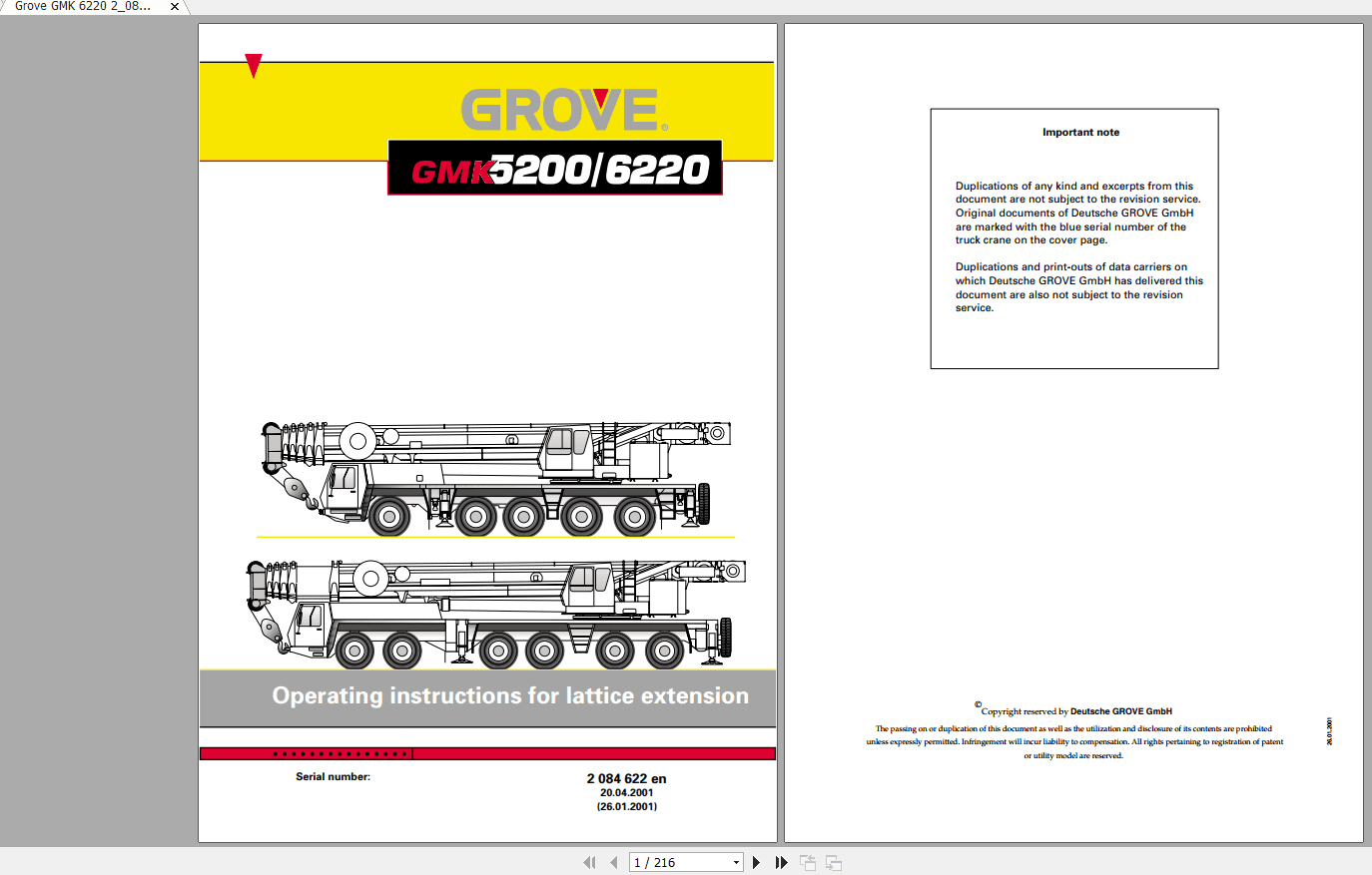 Grove Mobile Crane GMK 6220 Operating Maintenance Manual 1