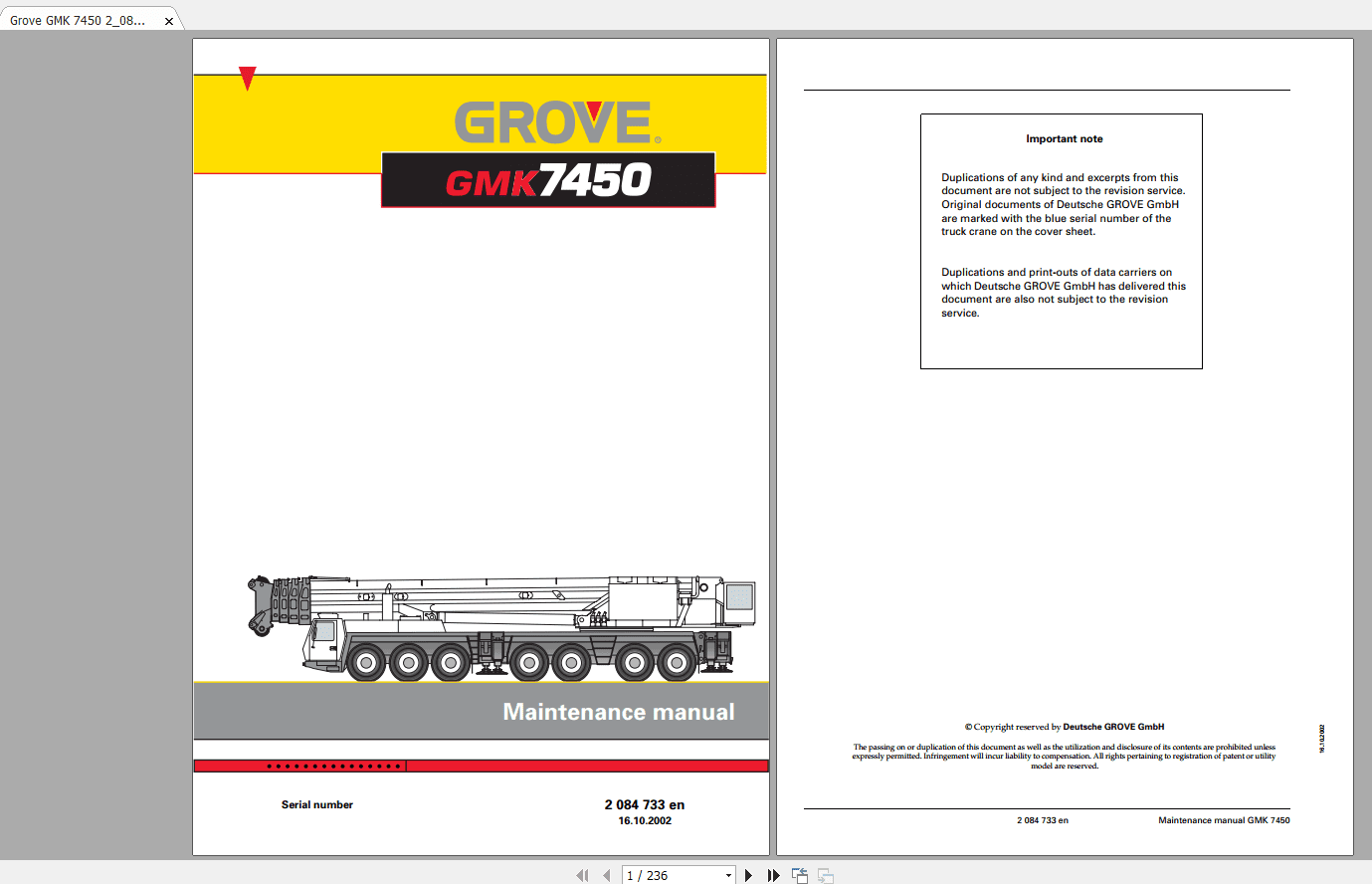 Grove Mobile Crane GMK 7450 Operating Maintenance Manual 1 1