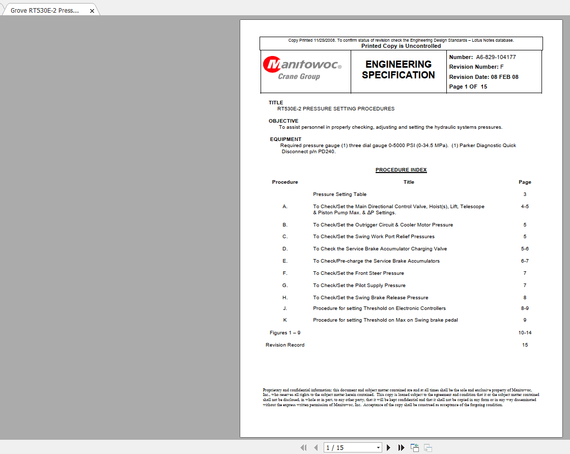 Grove RT530E 2 Pressure Setting Procedures A6 829 104177Rev F