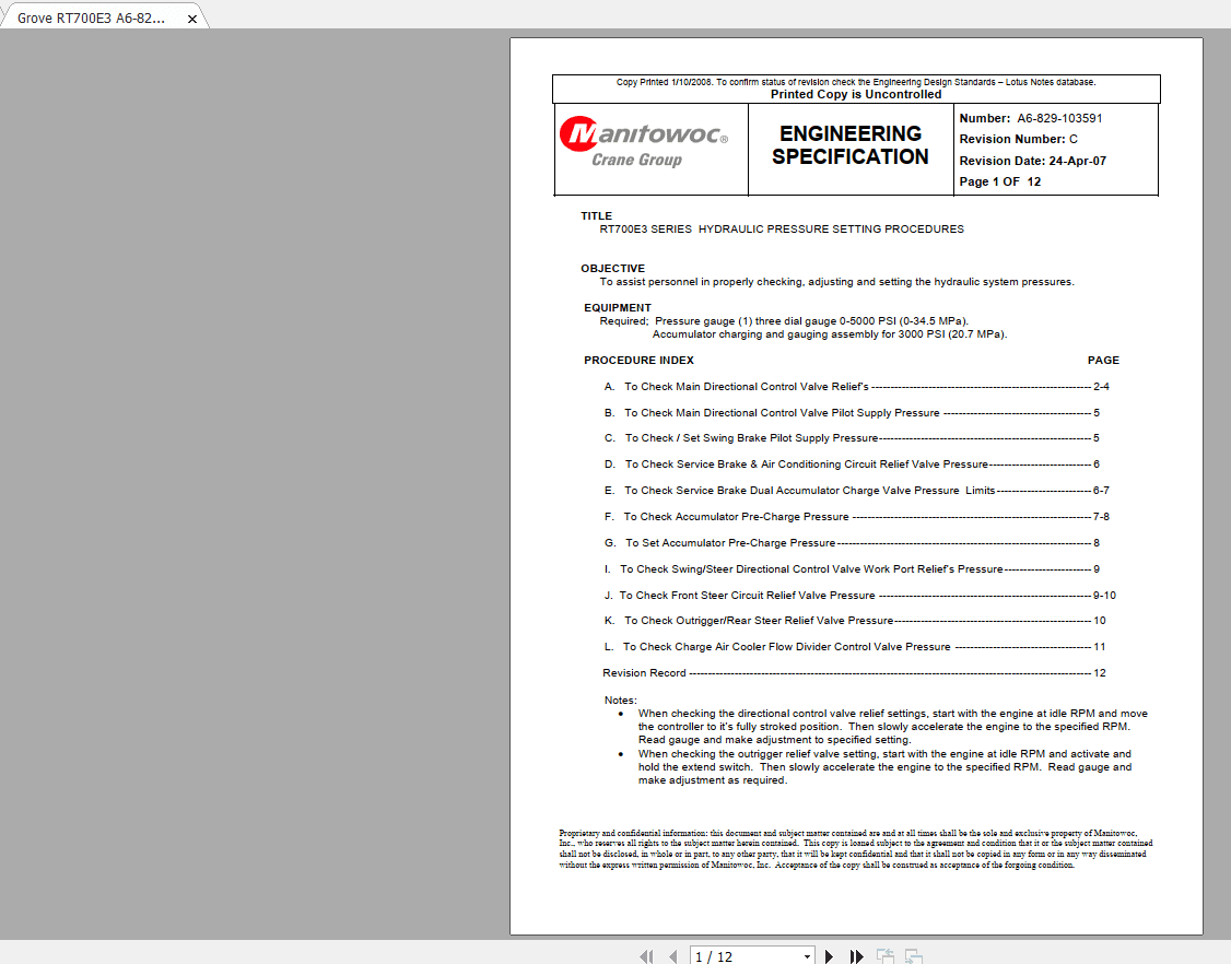 Grove RT700E3 A6 829 103591Rev C Pressure Setting Procedures