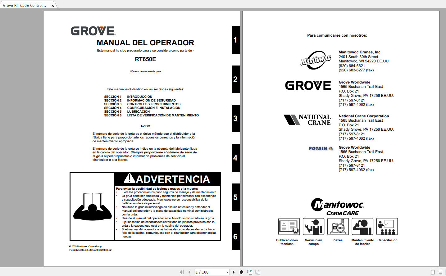 Grove RT 650E Control 088 02 Operators ManualES