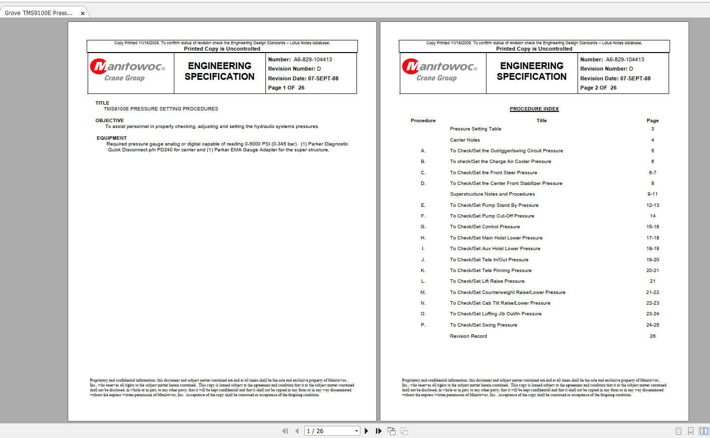 Grove TMS9100E Pressure Setting Procedure A6 829 104413Rev D