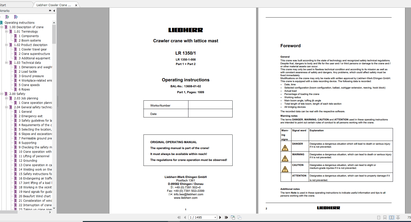 Liebherr Crawler Crane LR 1350 1 13608 01 02 Operating Instructions 1