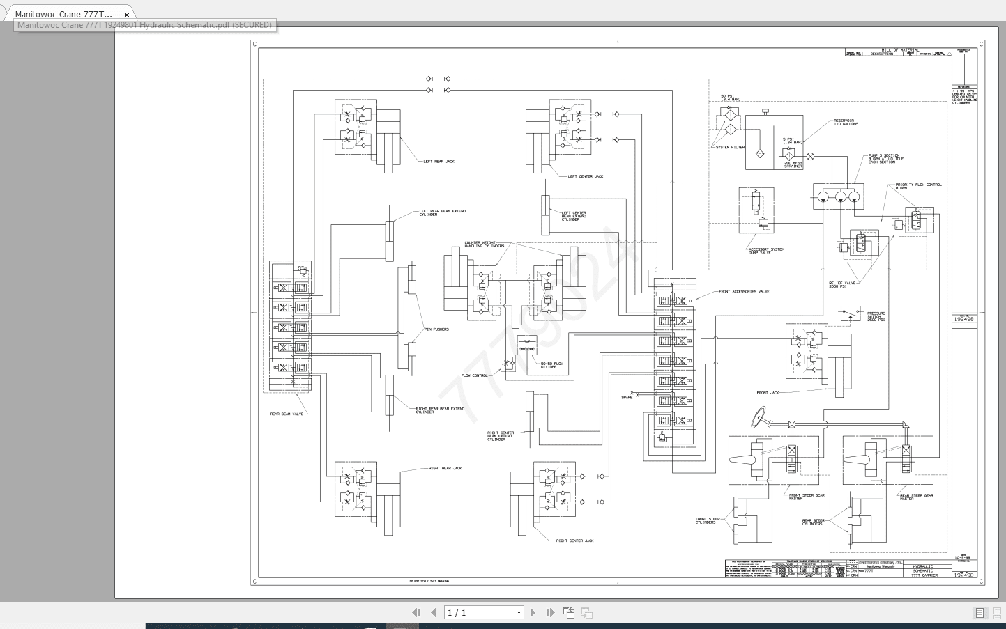 Manitowoc Crane 777T 19249801 Hydraulic Schematic