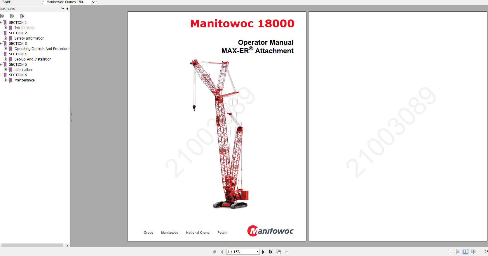 Manitowoc Cranes Model 18000 Max-ER 21003089 Operators & Parts Manual
