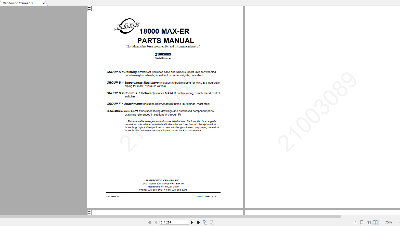 Manitowoc Cranes 18000 MAX ER 21003089 Parts Manual