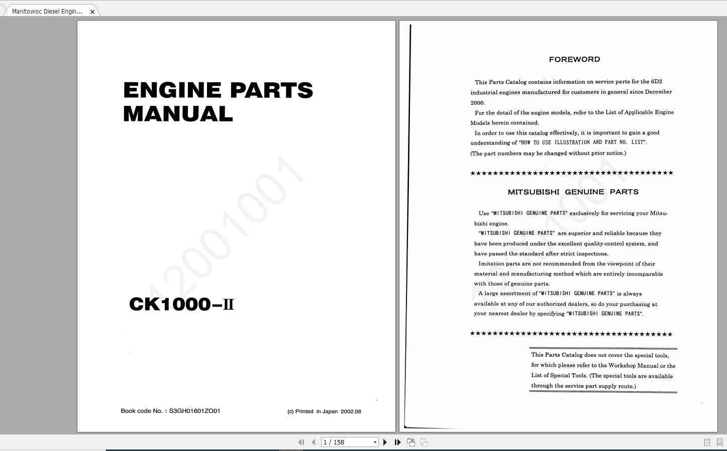 Manitowoc Diesel Engine 6D2 CK1000II S3GH01601ZO01 Parts Manual 3