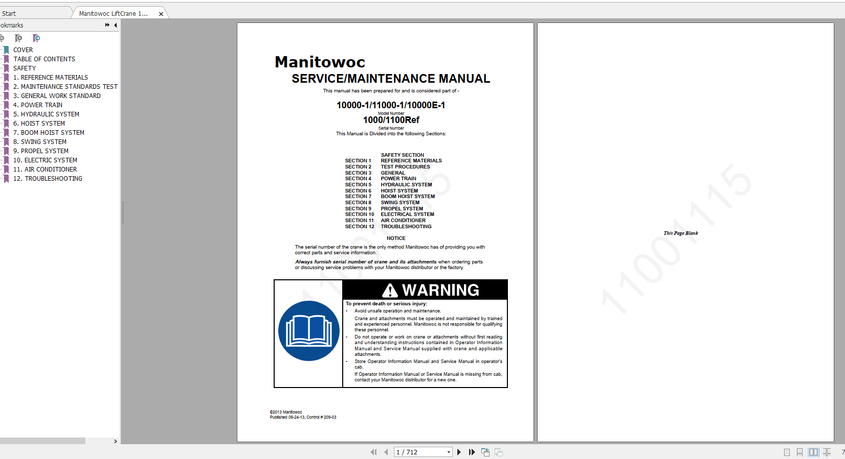 Manitowoc LiftCrane 10000 111000 110000E 1 CTR209 03 11001115 Service Maintenance Manual