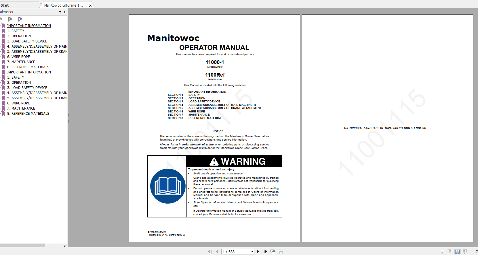 Manitowoc LiftCrane 11000 1CTR203 04 11001115 Operators Manual
