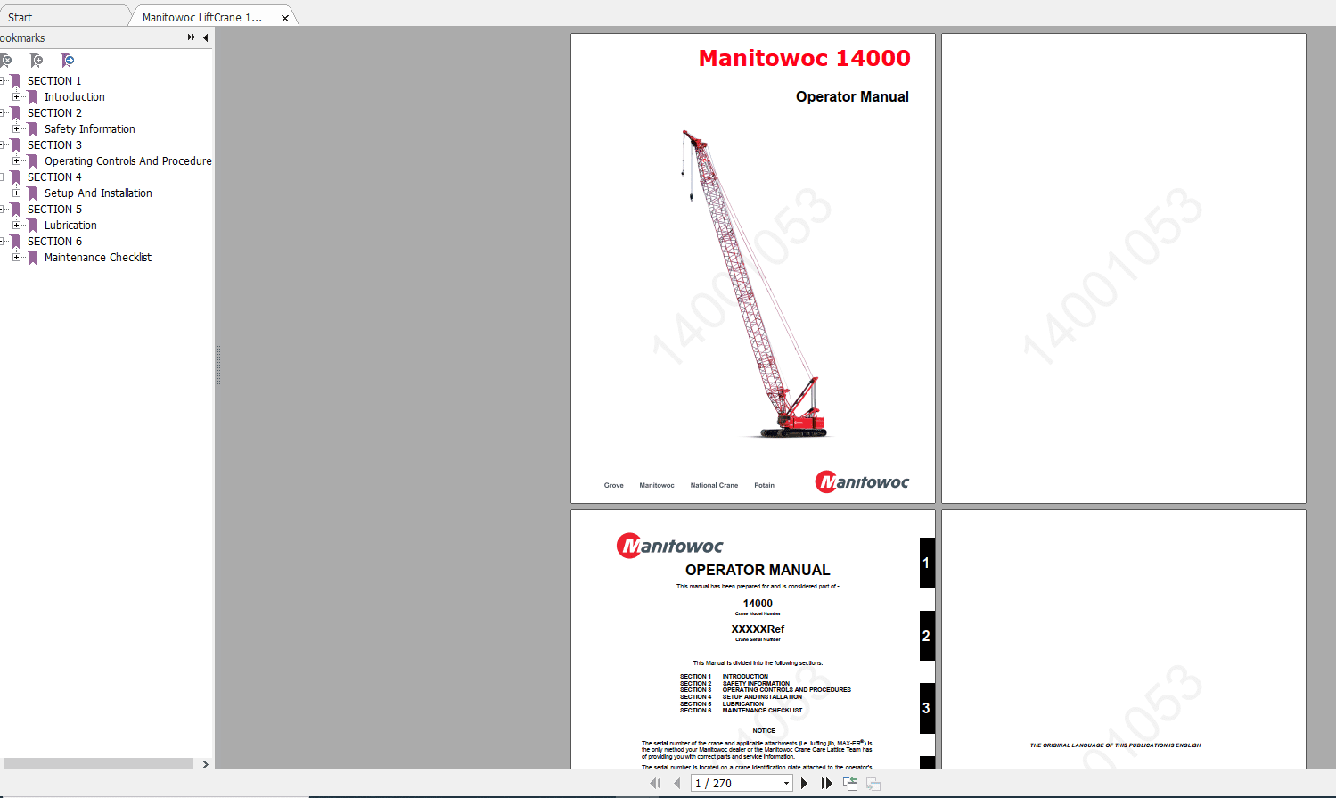 Manitowoc LiftCrane 14000 CTR064 23 14001053 Operators Manual