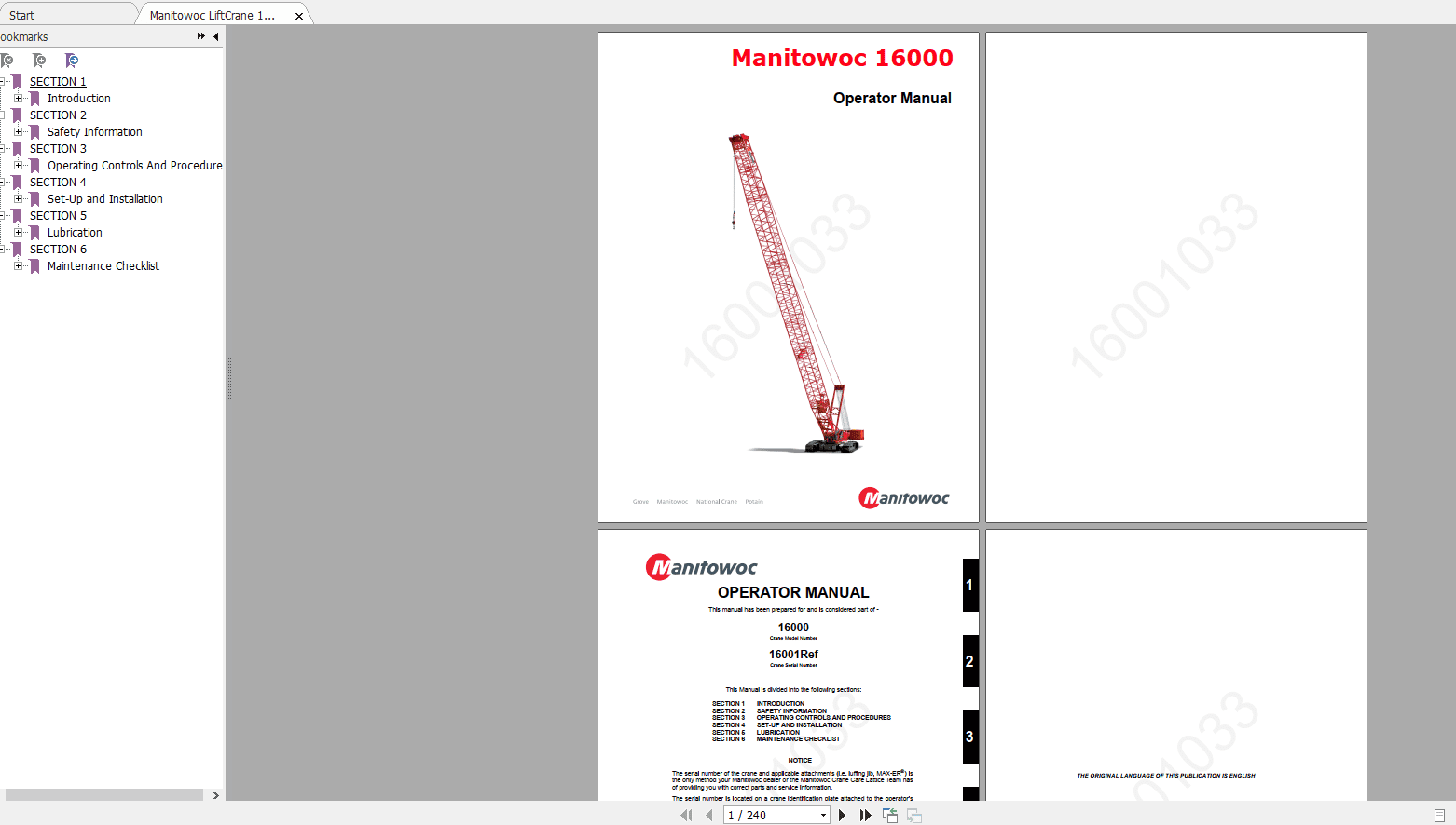 Manitowoc LiftCrane 16000CTR011 29 16001033 Operators Manual