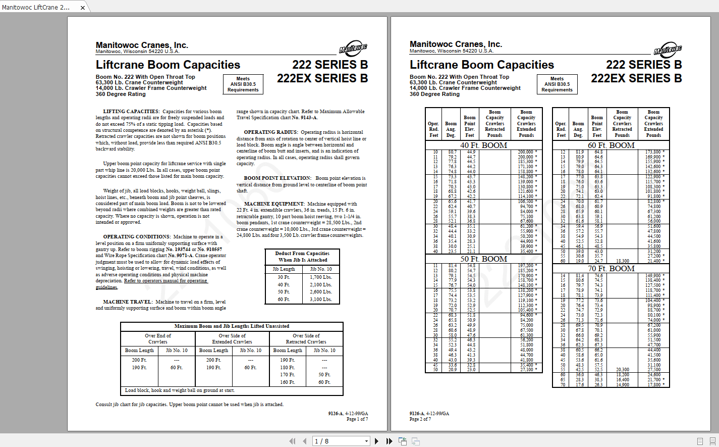 Manitowoc LiftCrane 222222EX Series B 2221060 Load charts