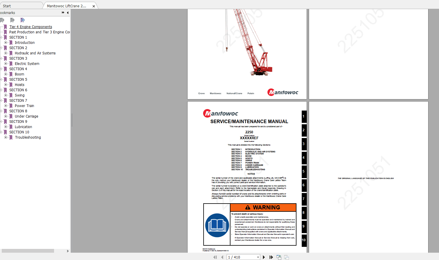Manitowoc LiftCrane 2250 2251051 CTR040 13 Service Maintenance Manual