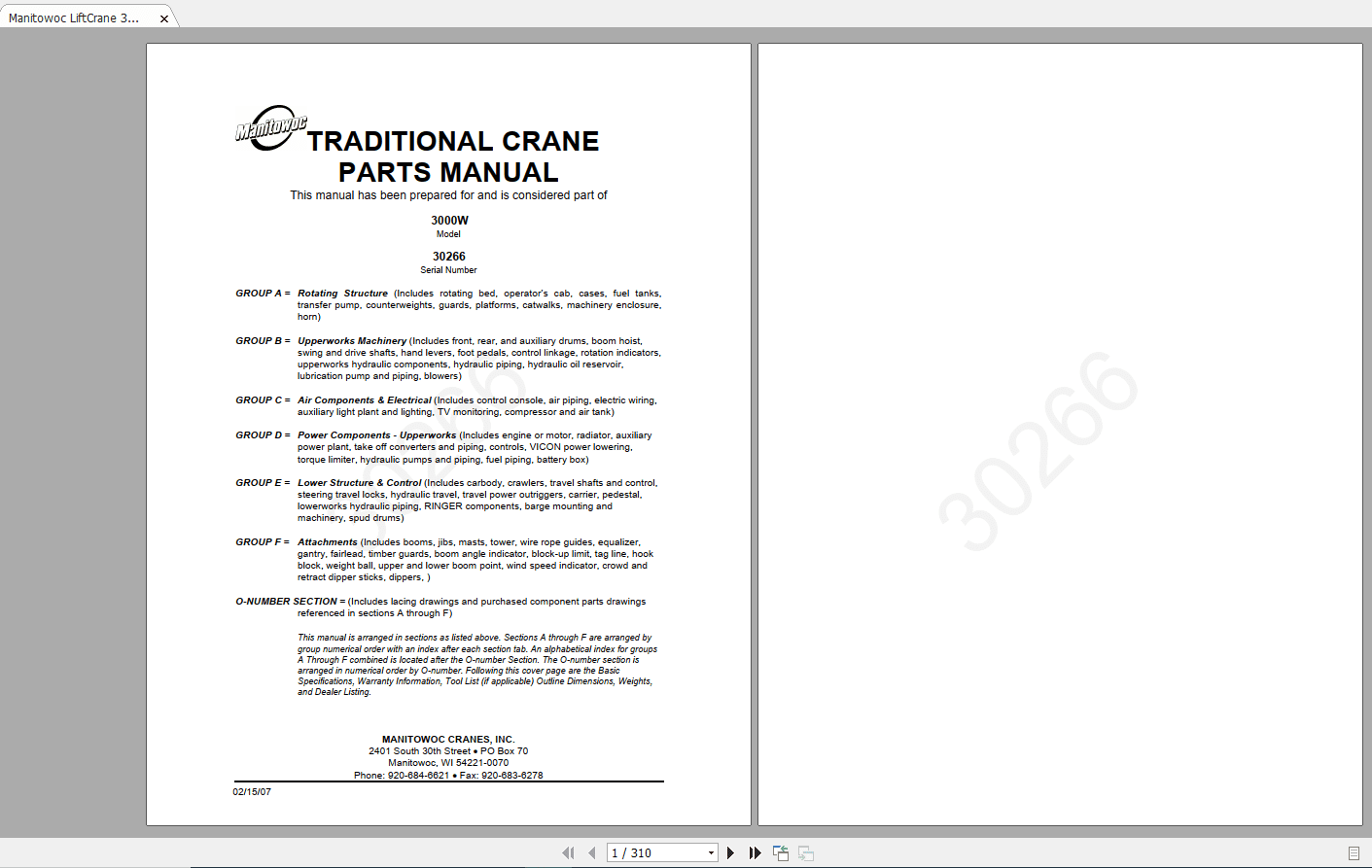 Manitowoc LiftCrane 3000W 3026602 15 2007 Parts Manual