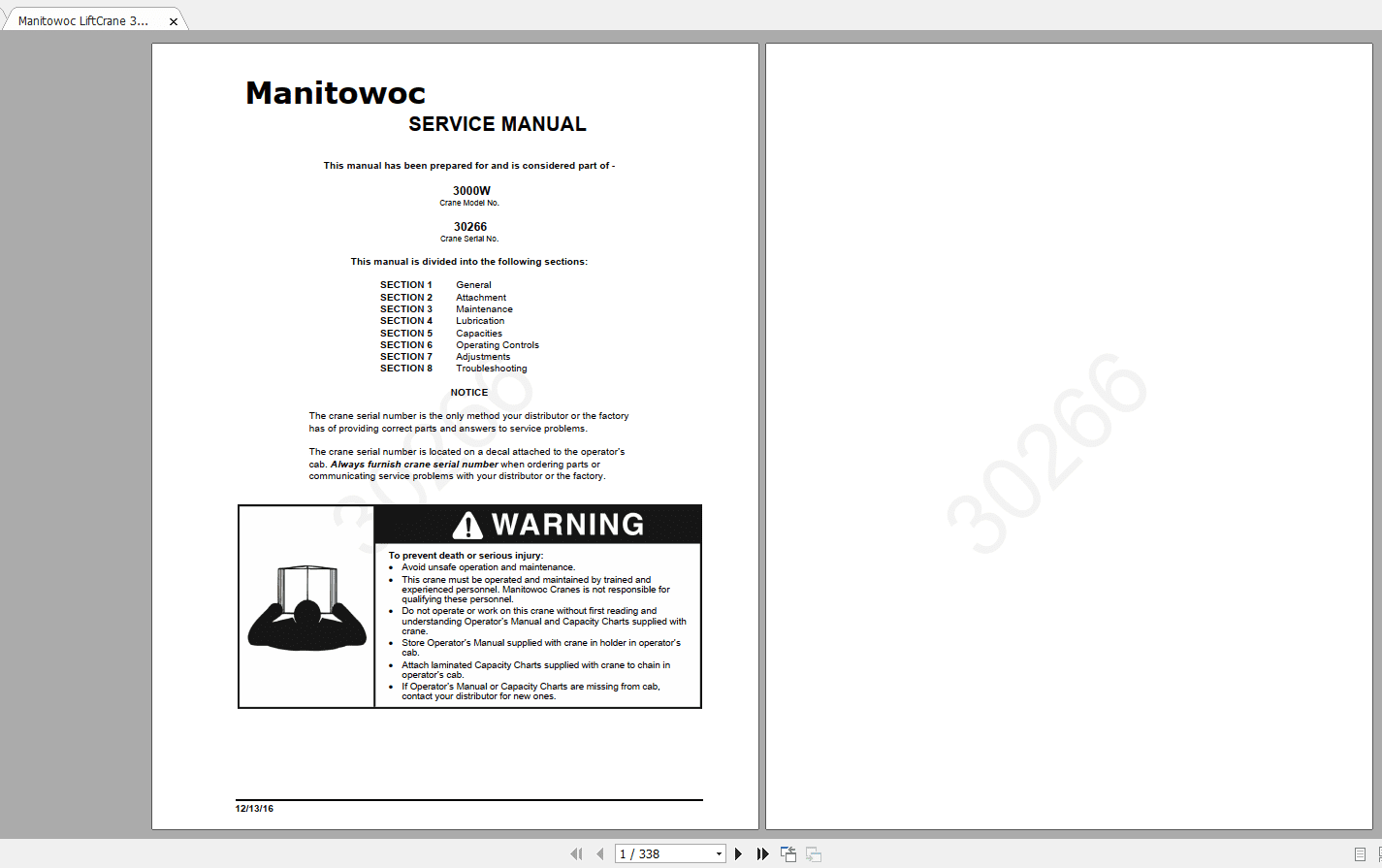 Manitowoc LiftCrane 3000W 3026612 13 2016 Service Manual