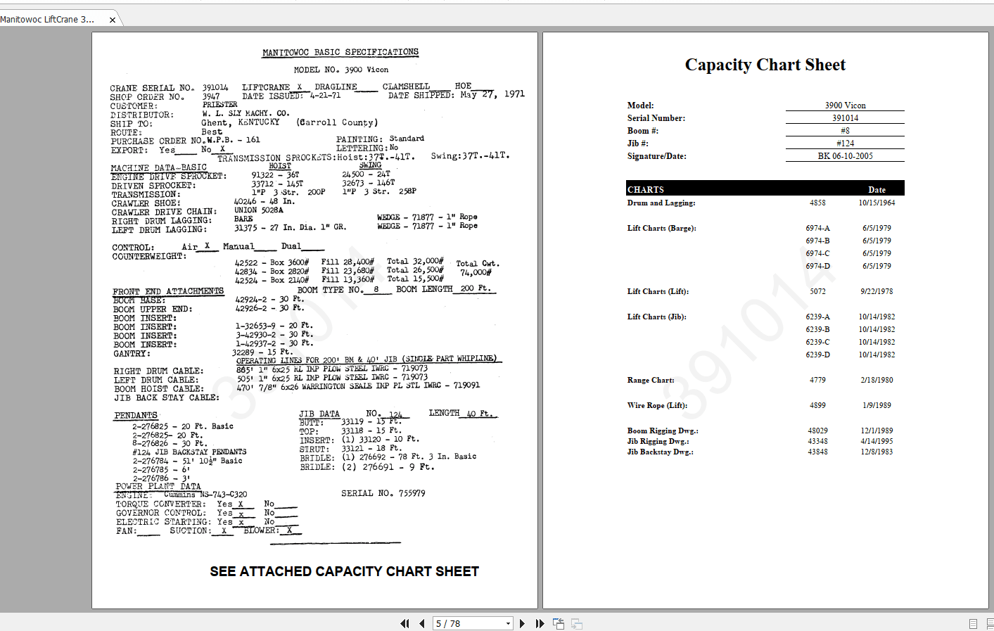 Manitowoc LiftCrane 3900 39101406 16 2005 Capacity Charts