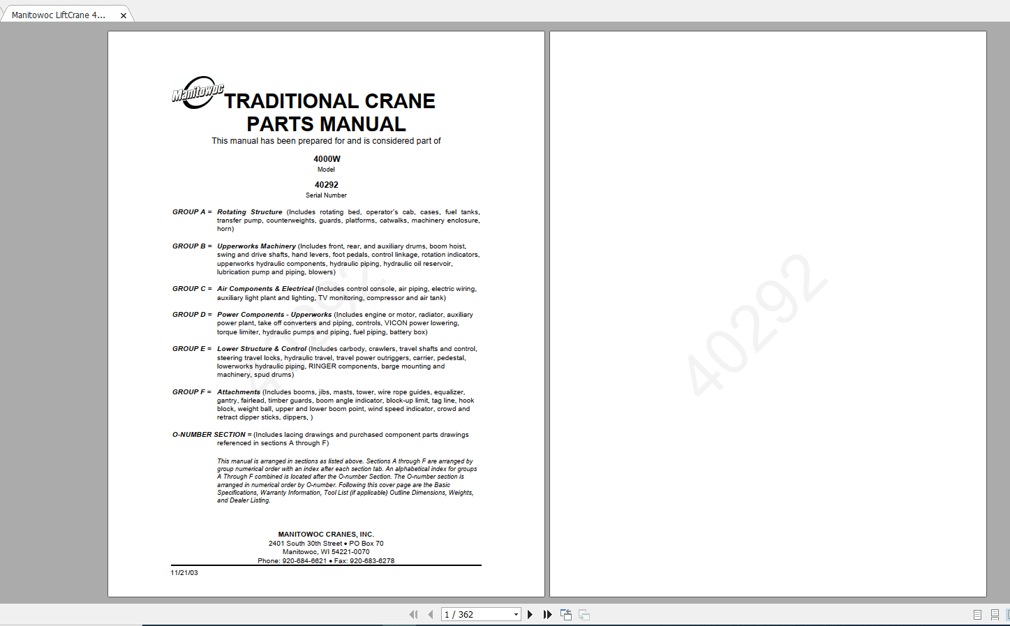 Manitowoc LiftCrane 4000W 4029211 21 2003 Parts Manual 1